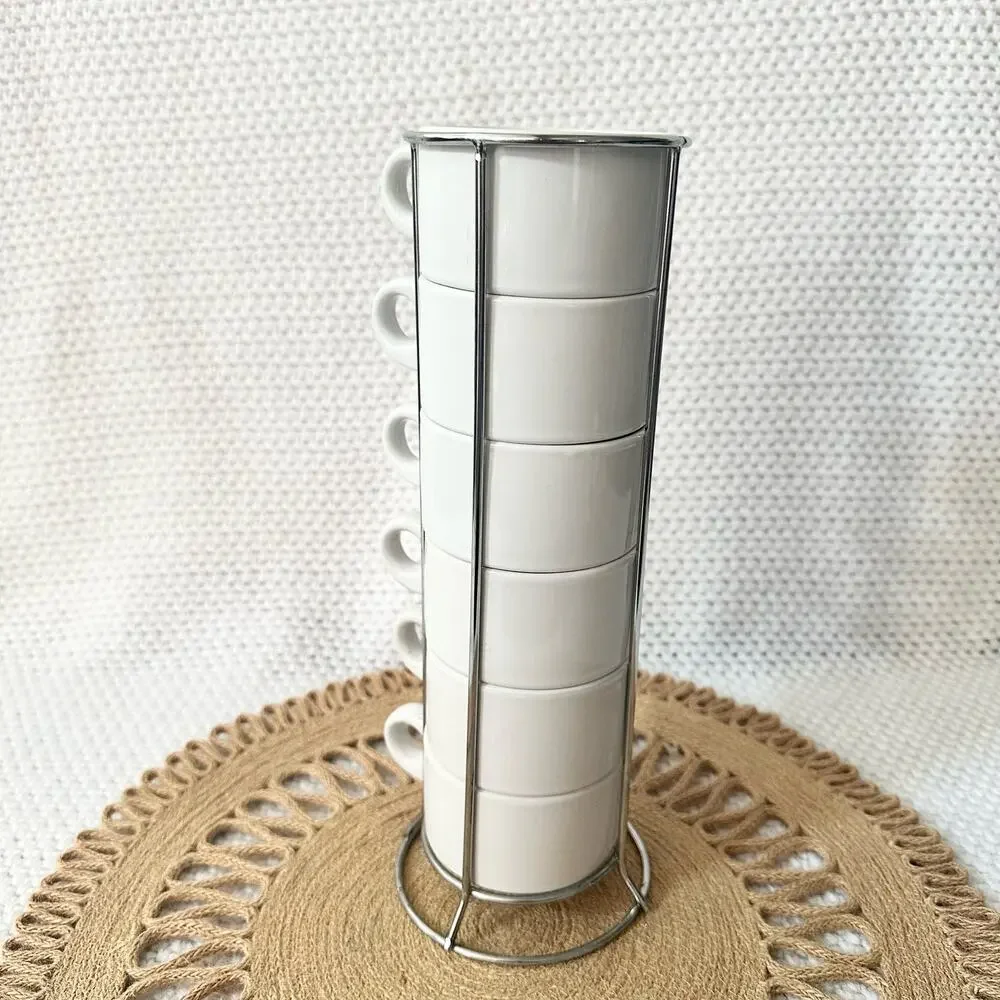 Pier 1 Solid White Stackable Stoneware Coffee Espresso 6 Piece Set Silver Rack